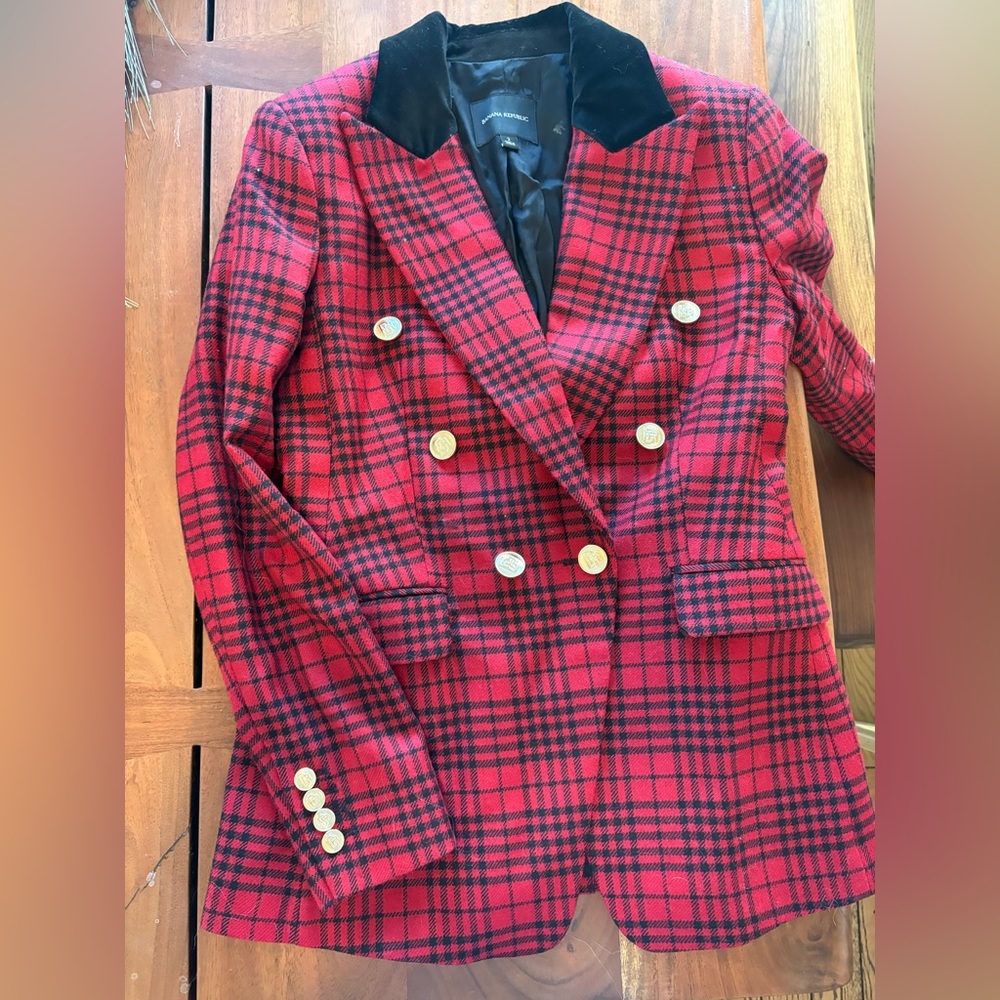 Banana Republic Red Plaid Double-Breasted Jacket with velvet collar